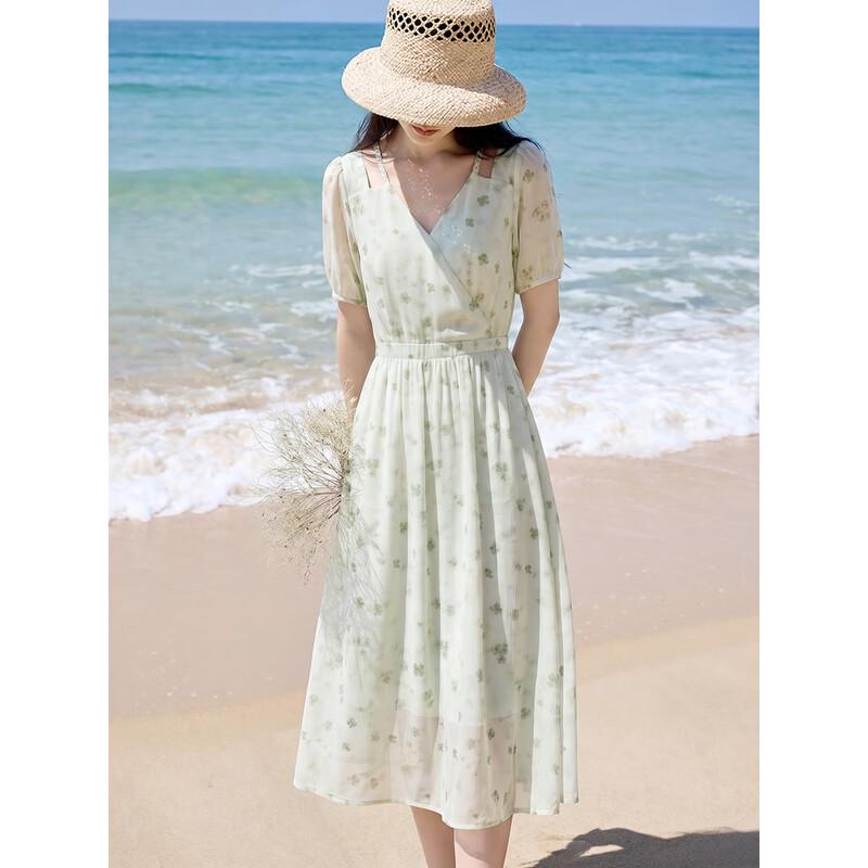 Chushen Floral V-Neck Short Sleeve Midi Dress S