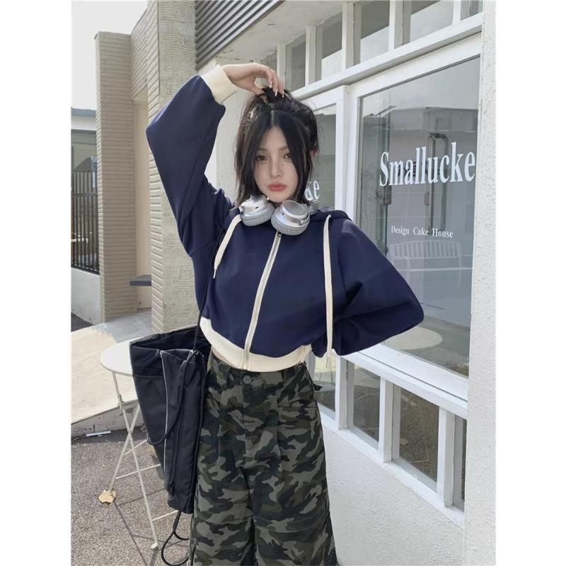 

Wind color matching hooded sweater women s autumn loose and thin short small zipper cardigan top 2XL синий
