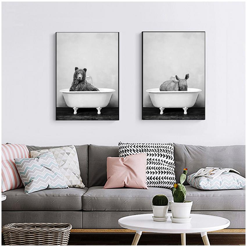 Painting Nursery Wall Art Nordic Picture Kid Room Decor Baby Animal In Bathtub Poster Panda Giraffe Elephant Lion Pig Cow Canvas No Frame