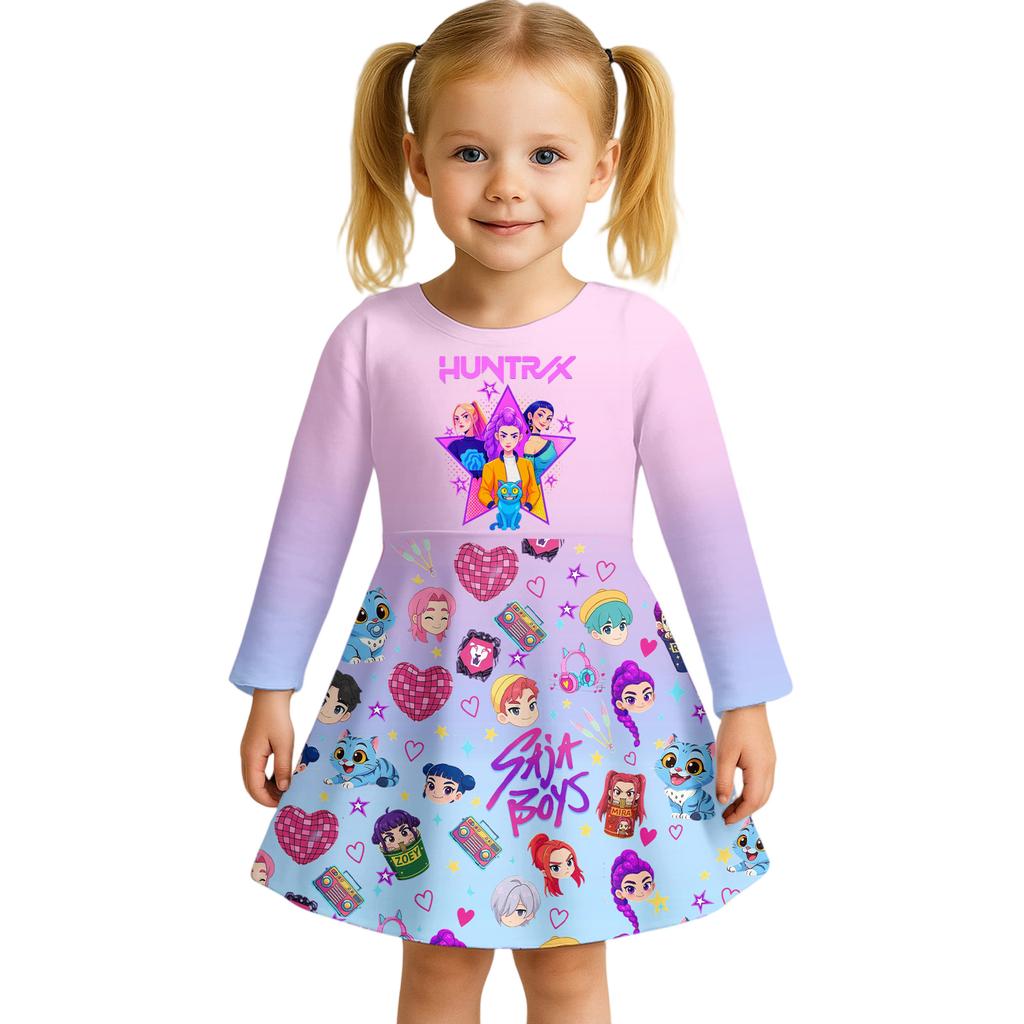 Kids Girls Casual Daily Dress Cute Cartoon Print Long Sleeves Dance Wear Princess Dress  2-12 Years