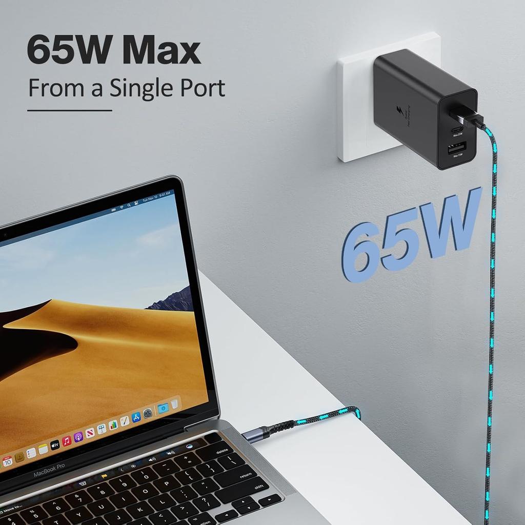 Adattatore GaN 65W Caricatore da Muro a 3 Porte per Galaxy A56 A36 A26 A16 A06 S25 S24 S23 S22 S22 Ultra/S22+/S21 Ultra/S20 Ultra/Note 20/Z Fold 3/laptop