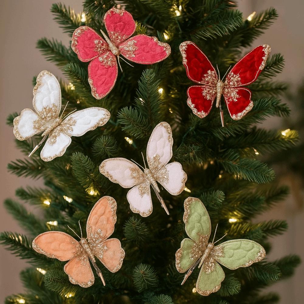 Flocking Artificial Butterfly Clip Gold Powder Christmas Tree Decoration  Xmas New Year