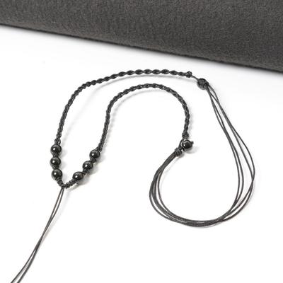 Collana Laccetto con Ciondolo in Giada Intrecciato a Mano con Corda a Quattro Fili e 8 Perle