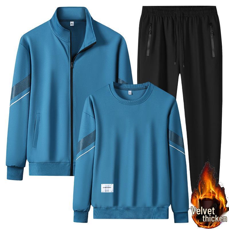 Men's Winter Plus Velvet Casual Sports Suit: Loose-Fit Round Neck Sweatshirt, Thick Coat, Trendy Large Size 3-Piece Set