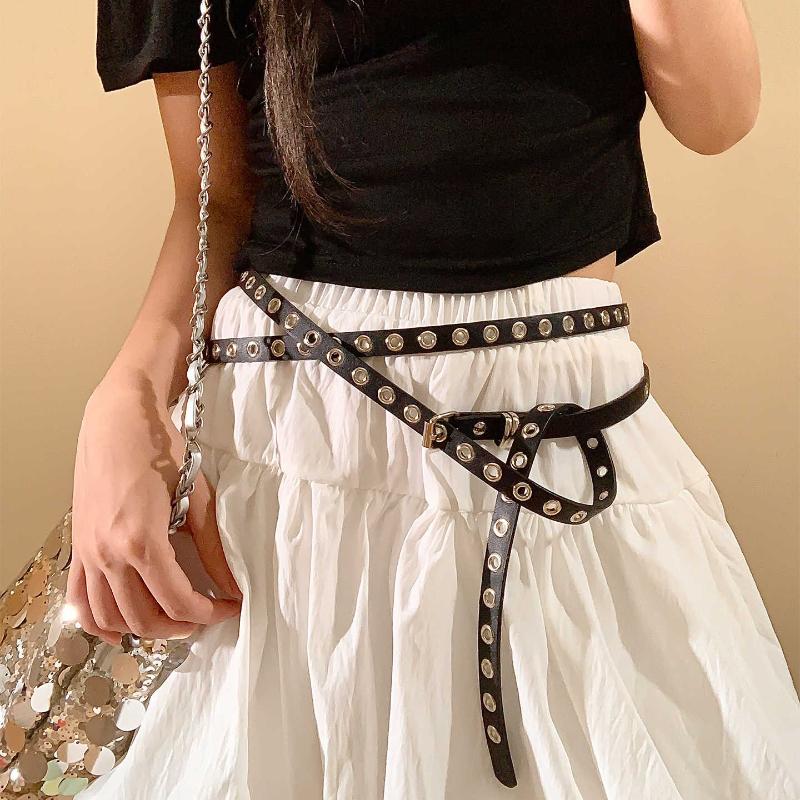 Punk Style Full Hole Jeans Belt for Women No Punching Required Ins Style Student Simple and Versatile Thin Belt