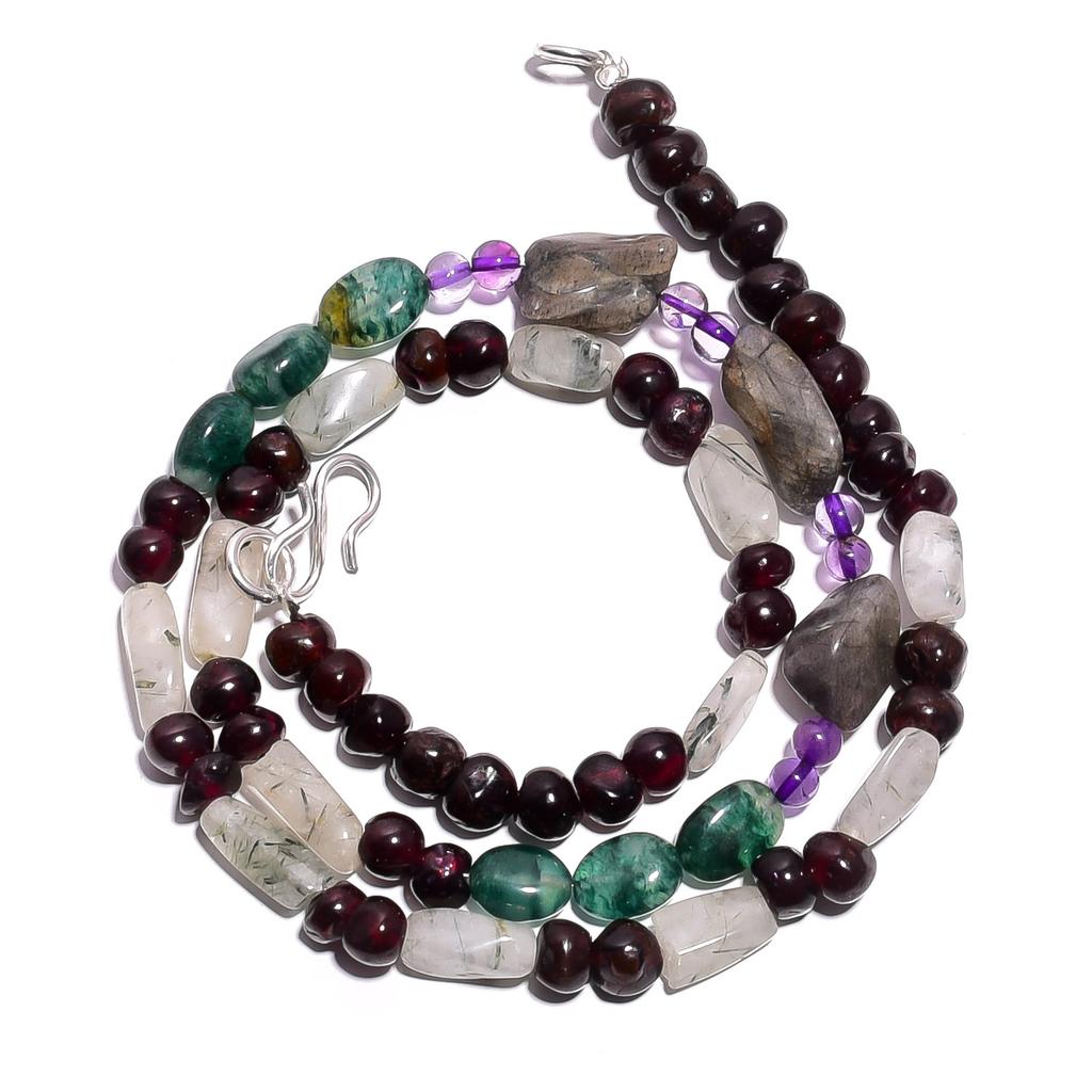 Natural Rutile Quartz Garnet Labradorite Gemstone Beads Necklace 17" UB-5077 UB-5077
