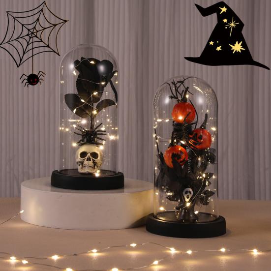 Preserved Black Roses in Glass Dome Halloween Light-up Eternal Flower in Cloche with Skull Pumpkin Statue for Home Kitchen Mantel Tabletop Decor