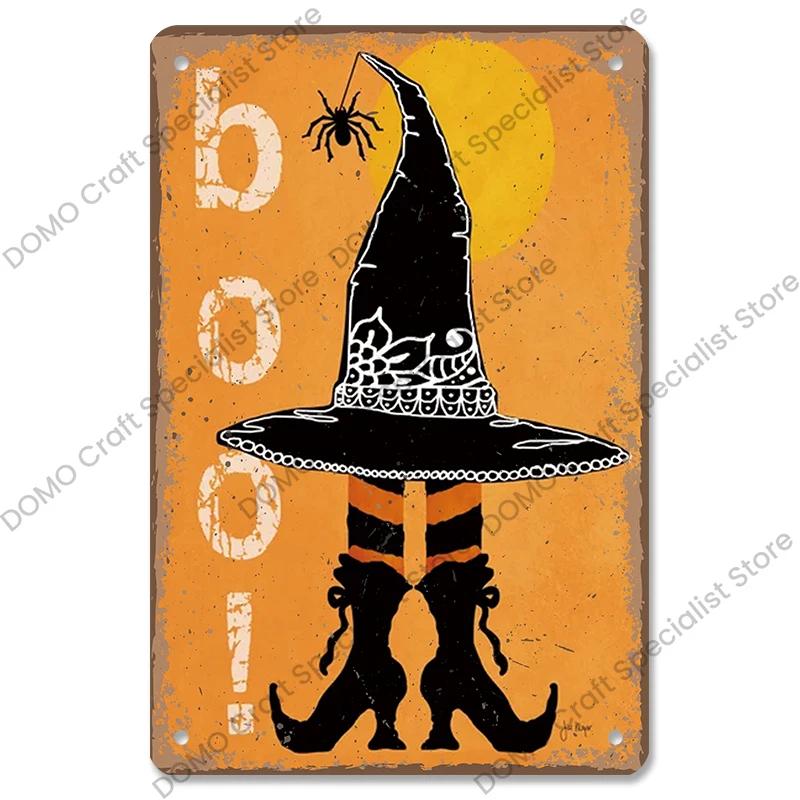 Happy Halloween Retro Poster Metal Plate Jack-O-Lantern Black Cat Witch Metal Tin Signs Vintage Halloween Party Living Room Home
