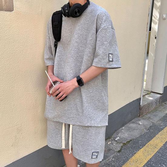 2Pcs/Set O-Neck Short Sleeve Waffle Texture Casual Outfit Pockets Drawstring Elastic Waistband Solid Color T-shirt Loose Shorts Sport Suit Streetwear