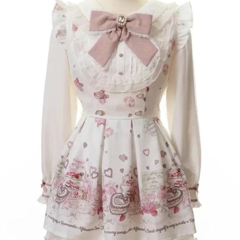 Japanese Y2 Aesthetics Vintage Bow Dress Shorts Set Women Gothic Lolita Style Long Sleeve Shirt Dress Elegant Party Dress Suits