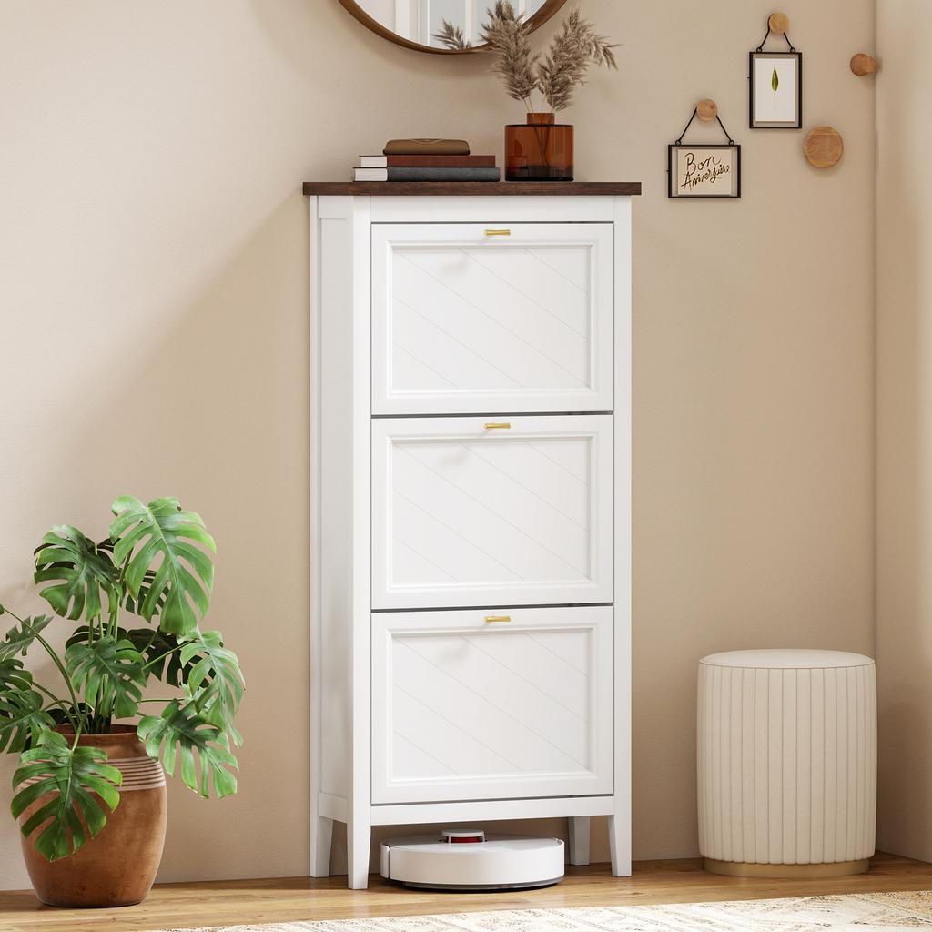 Shoe Cabinet with 3 Flip Drawers, Farmhouse Narrow Shoe Storage Cabinet with Adjustable Shelves, White