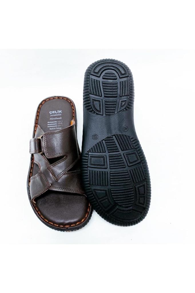 Papuci de casă maro din piele naturală pentru bărbați