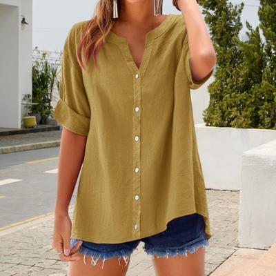 Damska Koszula Dekolt V Półrękaw Guziki Plisa Koszula Jednolity Kolor Luźny Krój Letnia Codzienna
