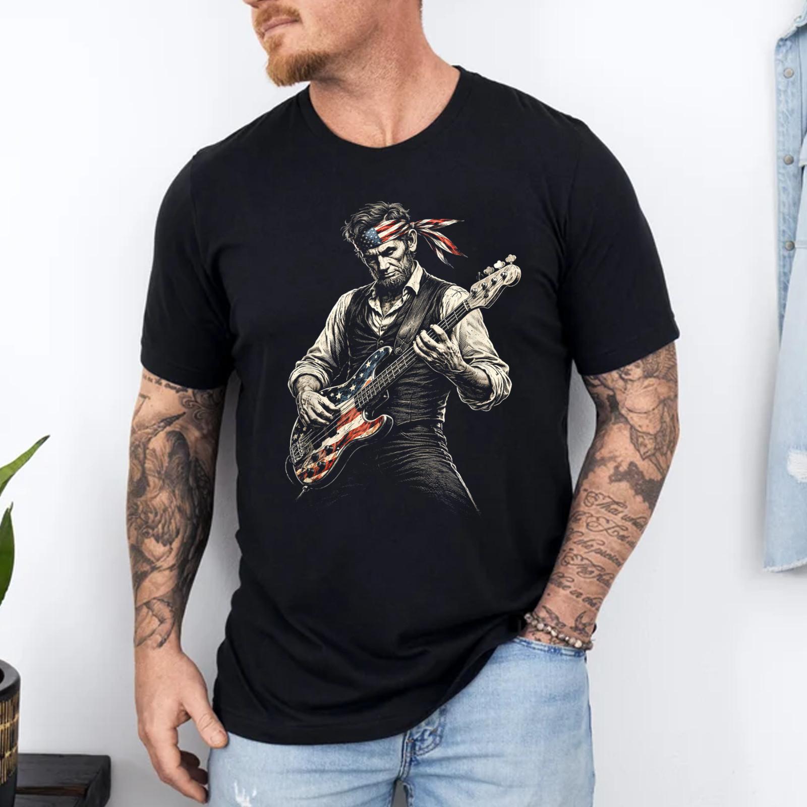 USA Flag Guitarist Abraham Lincoln Playing Electric Guitar T-Shirt S
