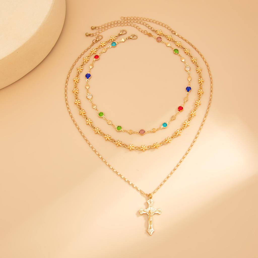 Salircon 3Pcs/set Boho Colorful Crystal Chain Necklace for Women Trendy Gold Color Cross Pendant Choker Luxury Jewelry Male Gift