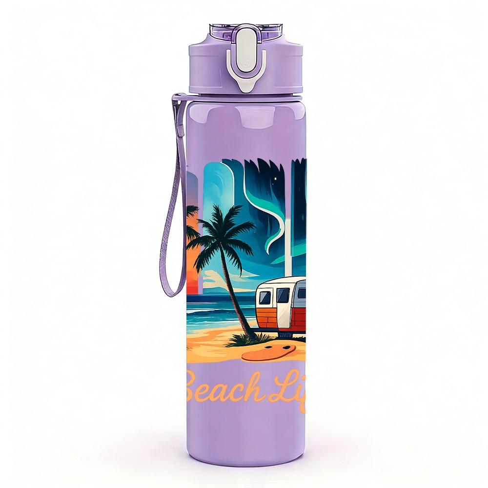 1PC Beach Life Tropical Coast Poster 750ml Color Plastic Sports Water Bottle Leakproof Flip Straw Lid Suitable for Sports Office Home Use