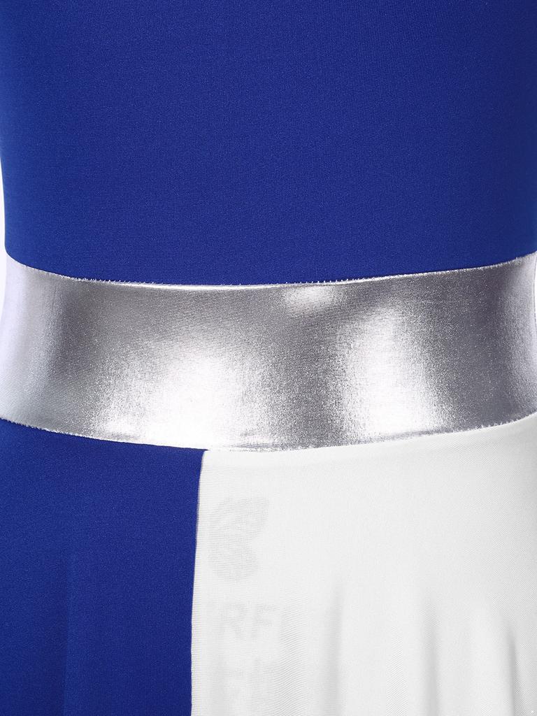 Womens One Shoulder Dance Dress Color Block Patchwork Design Asymmetrical Hem Sleeveless Performance Gown