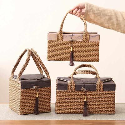 Rattan Woven Cloth Bag Pu Erh Teas Universal Tea Cake Storage Boxes Ceramic Tea Can Empty Gift Box Adjustable Partition 1pc