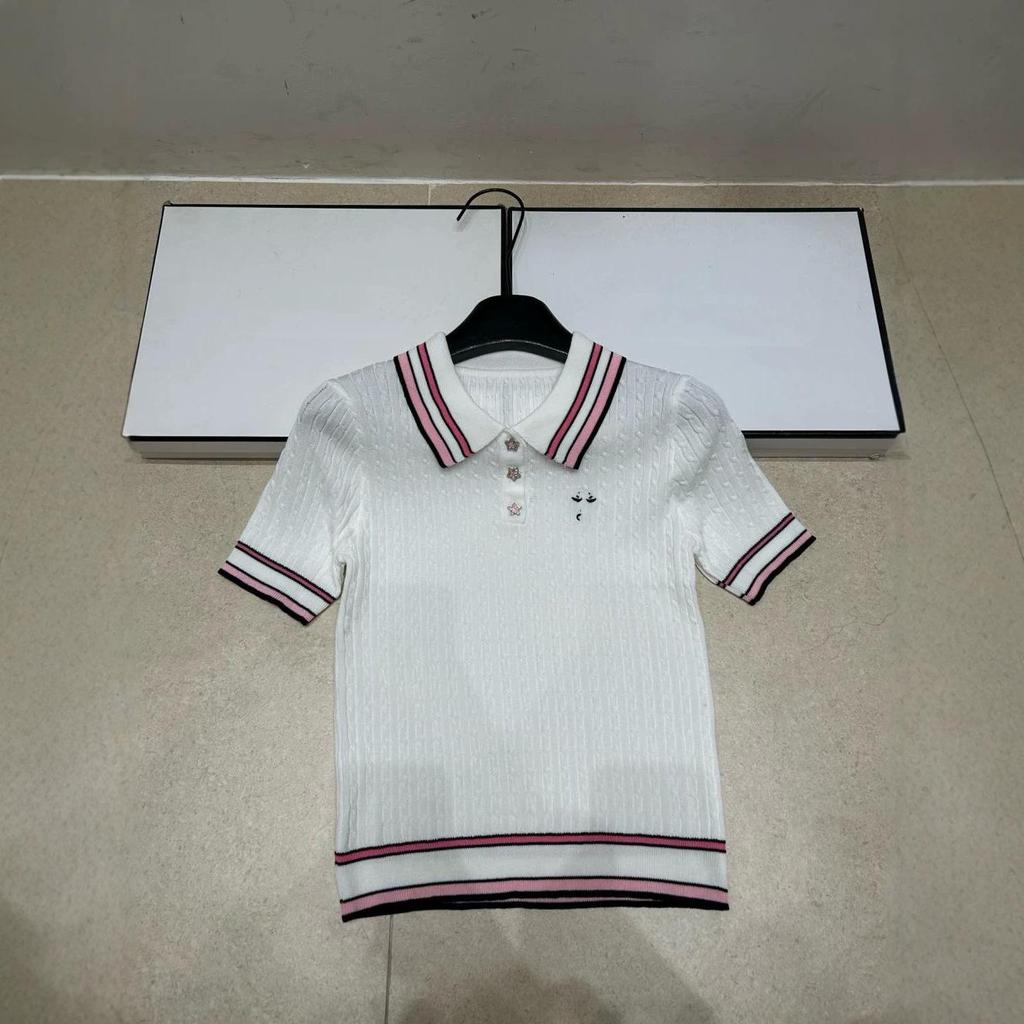 D Brand Embroidered Star Buckle Knit Lapel Short Sleeve Casual Top