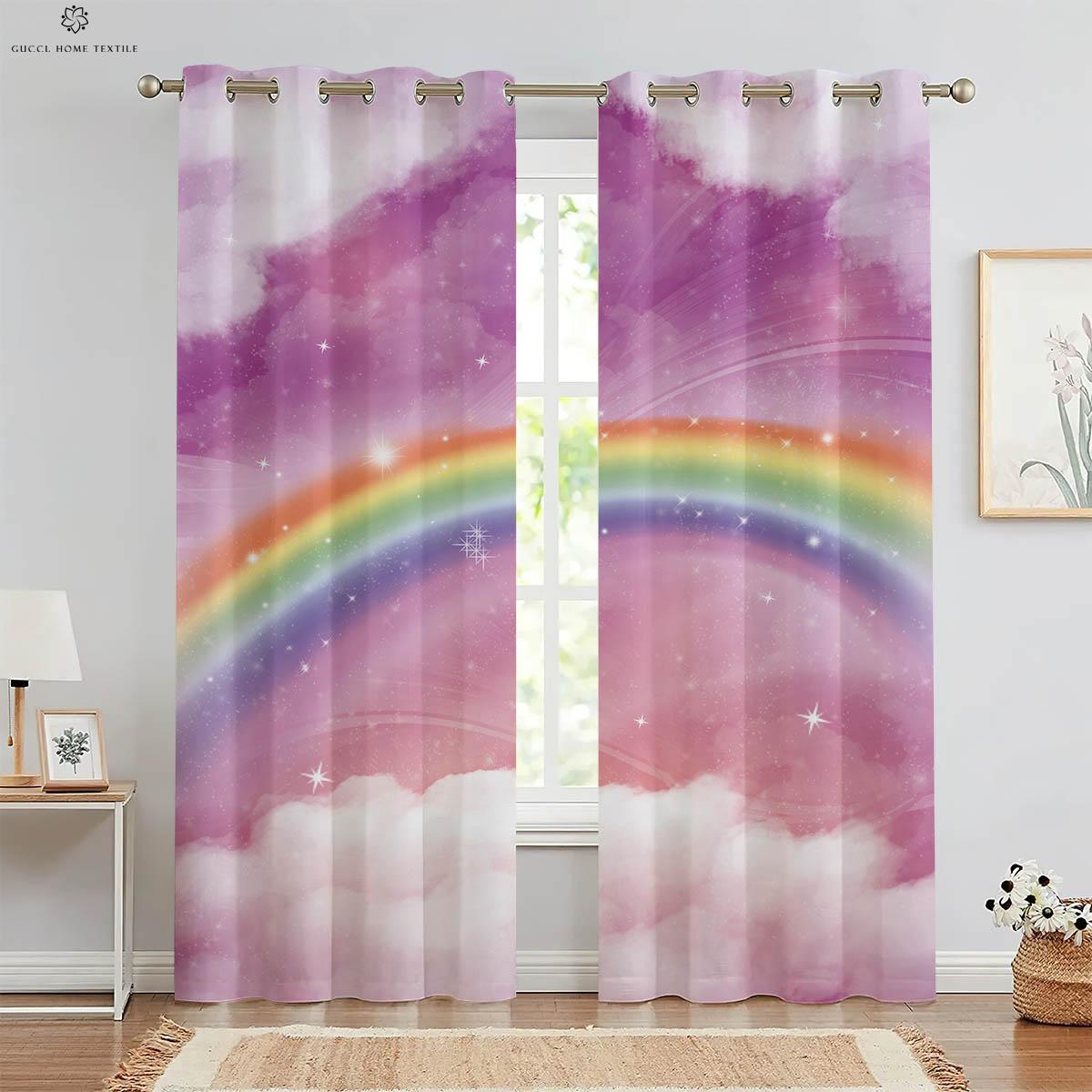 

Блестящие цветные шторы с градиентным принтом, 100% полиэстеровое волокно, детская комната, гостиная, кабинет, декоративные, радуга W50xH130(CM)x2PCS&Grommet Top