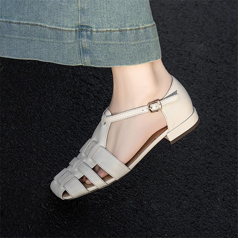 Fashion New Summer Sandals Genuine Leather Square Toe Sandals for Women Fashion Cover Toe Low Heels Sandals Ladies Shoes Gladiator Shoes
