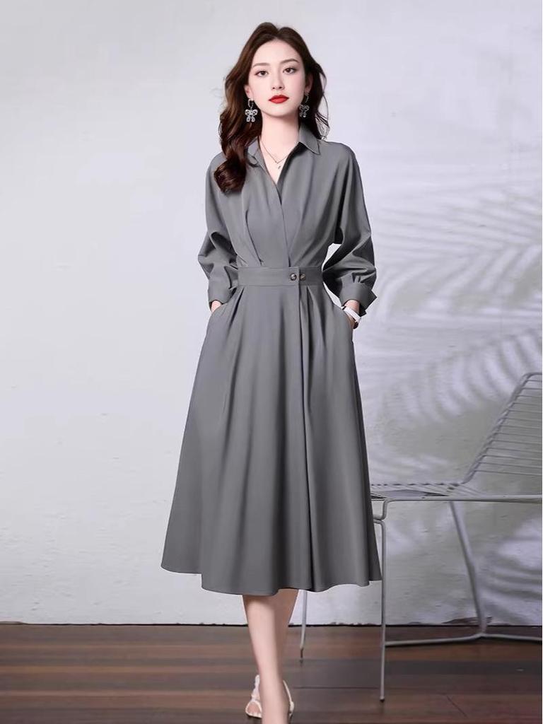 Elegantes Damen-Langarm-Hemdblusenkleid - Schlankmachende Taille, Schicker High-End-Stil für Frühling & Herbst 2026