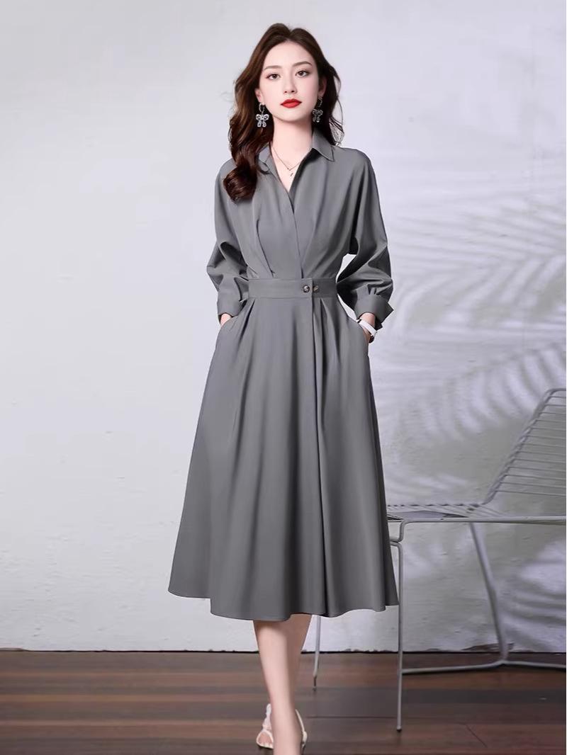 Elegant Women s Long-Sleeve Shirt Dress - Slimming Waist, Chic High-End Style for Spring & Autumn 2026 S