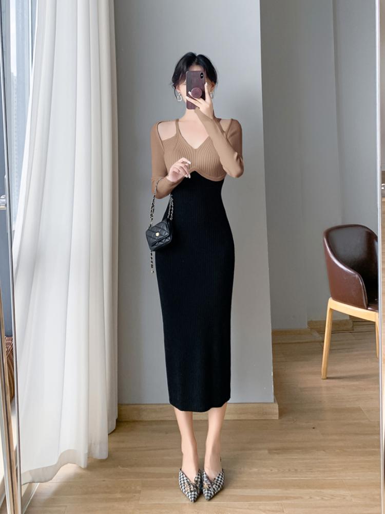 Французское винтажное хип-хоп трикотажное длинное платье женское осенне-зимнее элегантное — фото 17