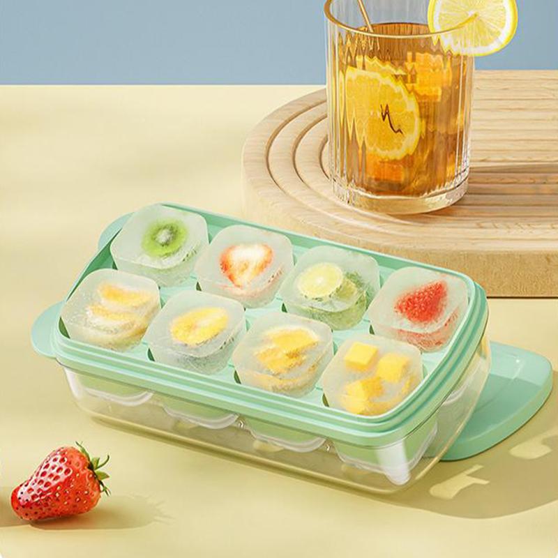 Små Isbitsformar med Lock och Behållare, 8 Isbitar Var, Lätta att Ta Ut och Stapelbara, Isbitsform för Minikyl, för Kaffe, Citron