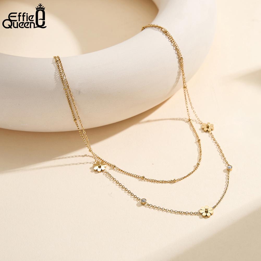 EFFIE QUEEN Stainless Steel CZ Flower Pendant Double-Layer Necklace Women's Unique Collarbone Chain Jewellery Creative STKN30