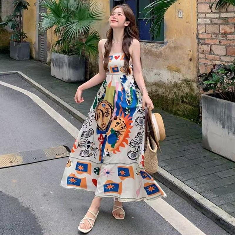 Retro ethnic style suspender dress women's summer seaside vacation graffiti print sleeveless vest lazy style long dress