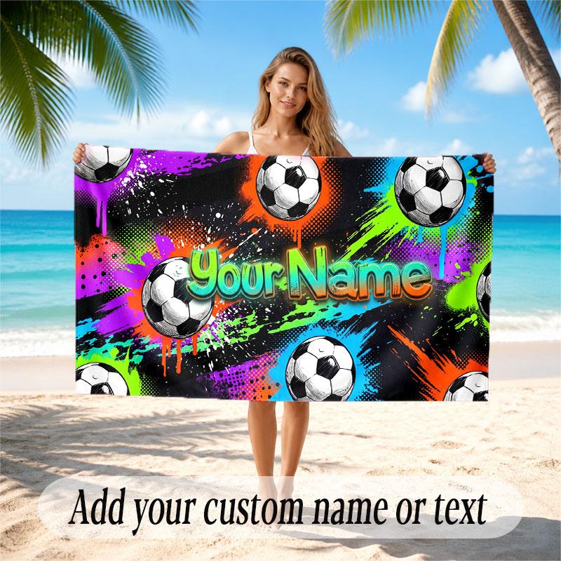 Soccer Theme Beach Towel Personalized Custom Name & Text Soft Quick Dry Beach Towel for Swimming Travel