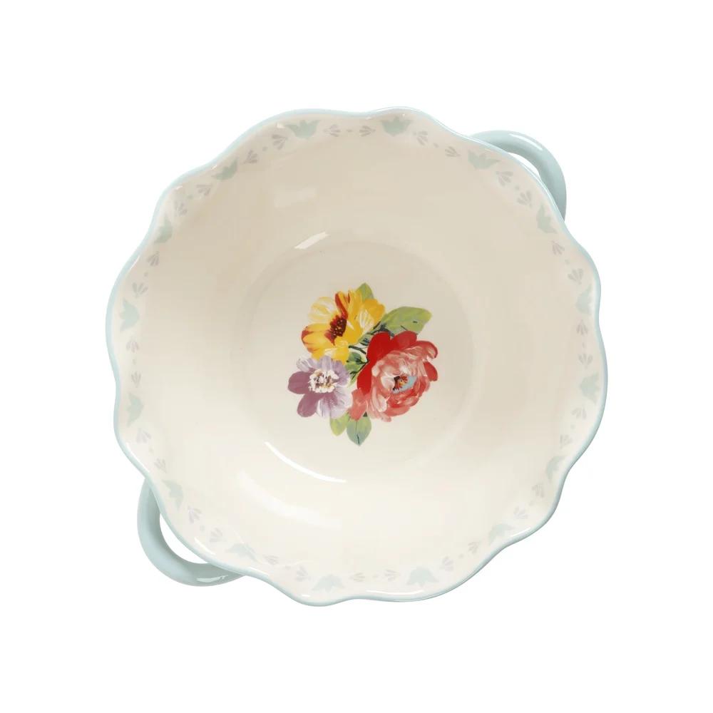 Sweet Romance Blossom Serving Bowl with Handles Scalloped Edge Microwave Dishwasher Safe Large Ceramic Bowl Decorative Kitchen