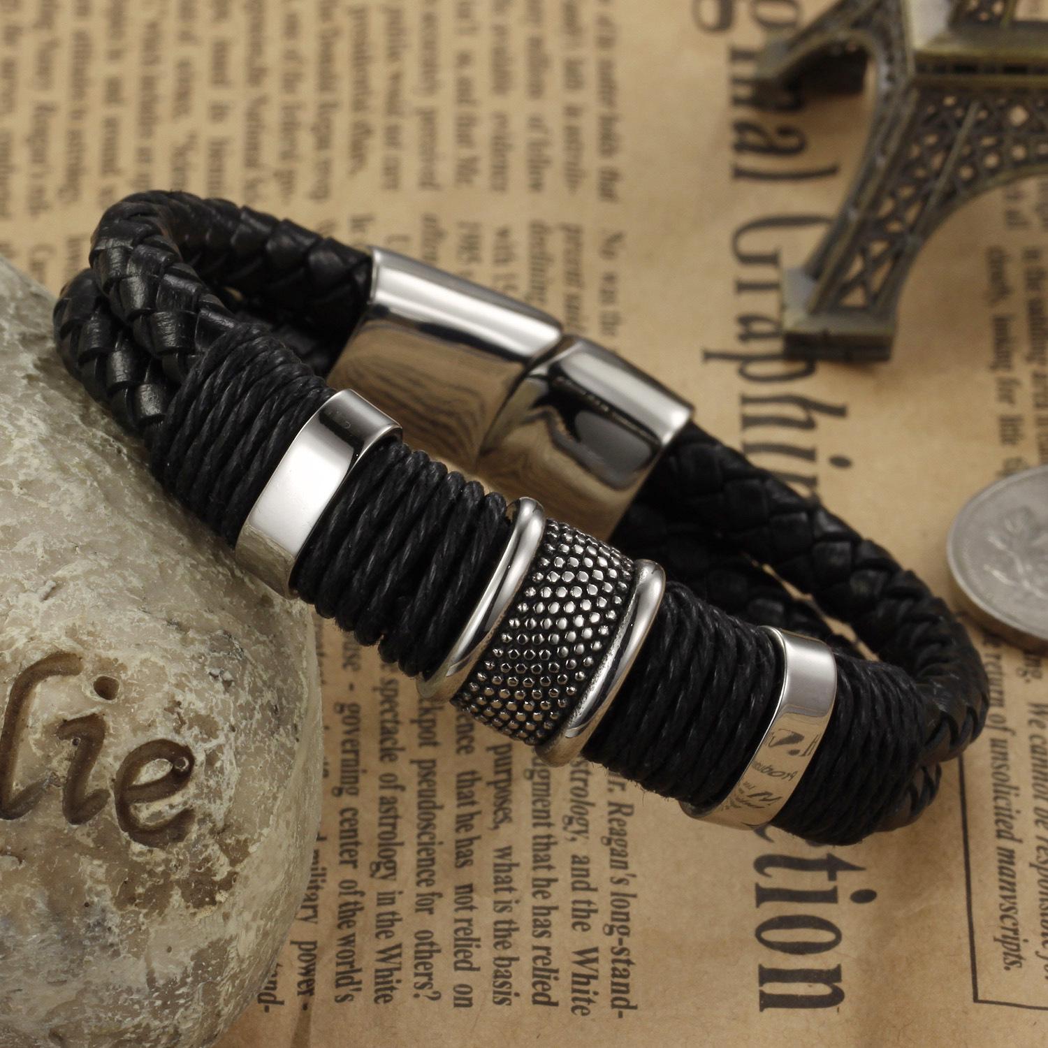 

Personalized Double-Layer Handmade Leather Bracelet for Men - Hip-Hop Street Fashion 891 - Length 22 cm