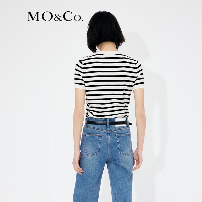 MO&Co. Classic Striped Beaded Logo Short-Sleeve Knit Top