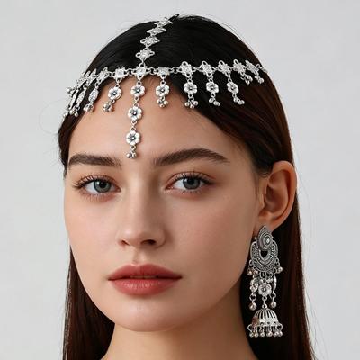 Boho-Stil Kopfketten-Ohrringe & Schmuckset mit exotischer Stirnverzierung