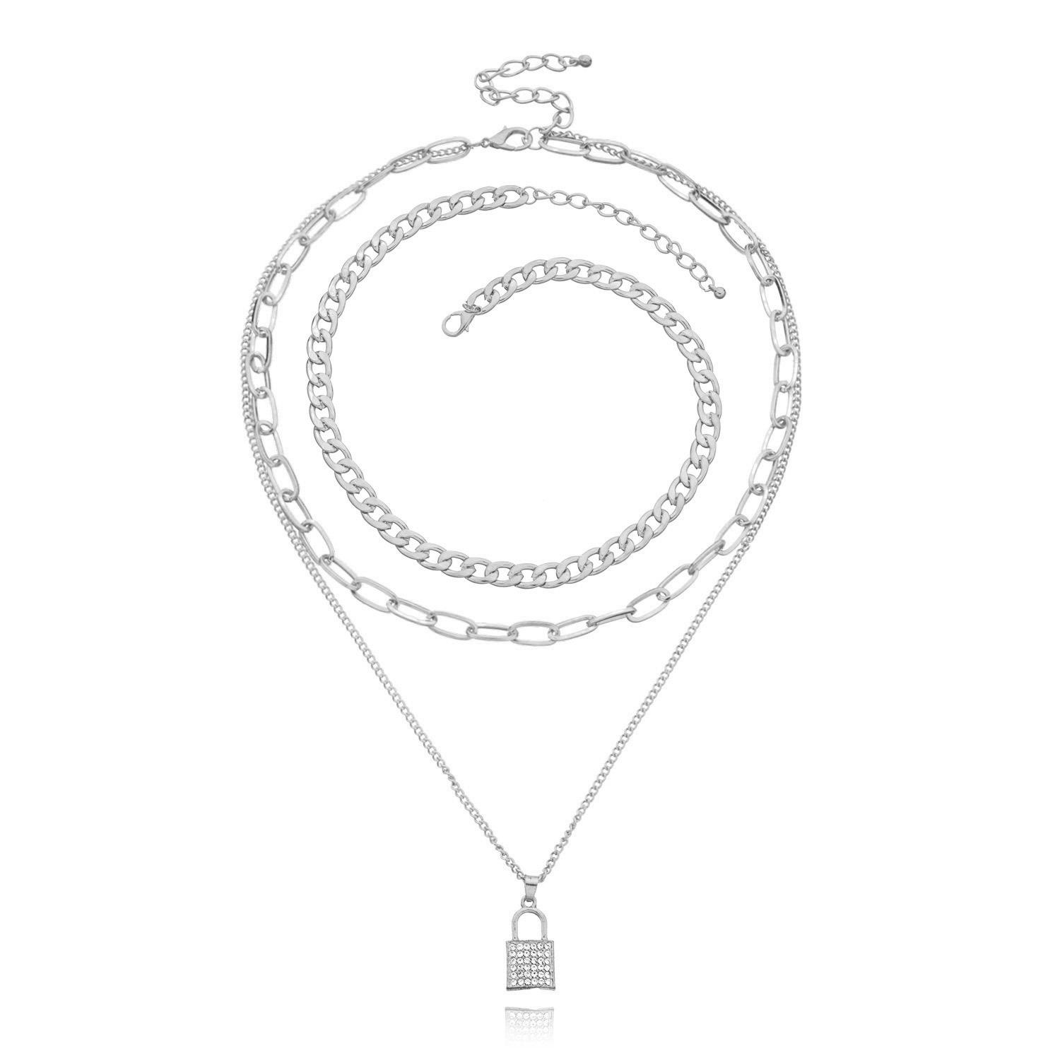 

Geometric metal full diamond lock pendant necklace, popular multi-layer retro exaggerated necklace срібний