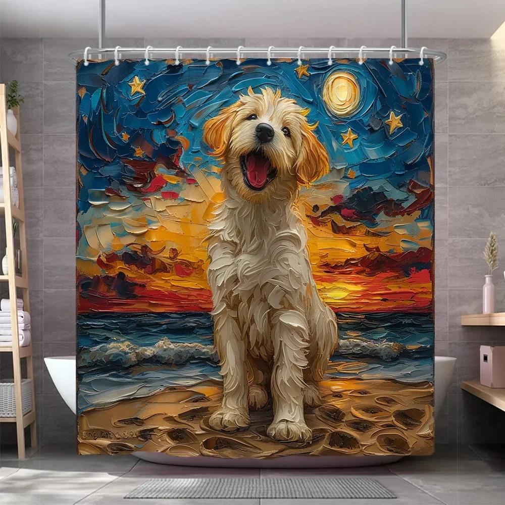 Funny Dog Shower Curtain Popular Cute Pet Oil Painting Art Creation Polyester Fabric Shower Curtains Bathroom Decor With Hooks