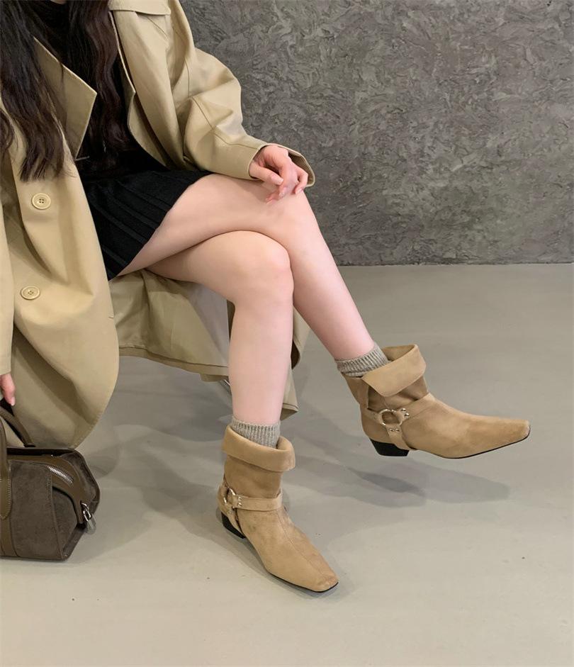 2025 autumn new French retro low heel square head two wear lapel western cowboy boots women's fashion belt buckle