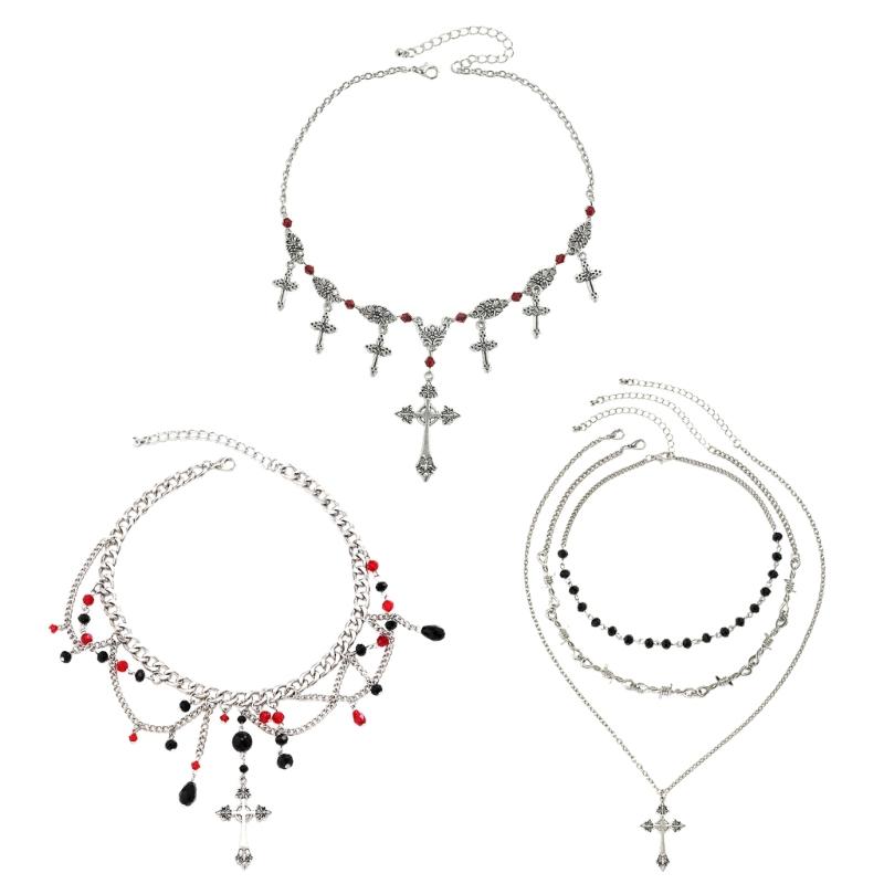 Punk Thorn Cross Pendant Necklace Dark Gothic Cross Fringe Choker Necklace for Women Unique Clavicle Chain Stylish Gift