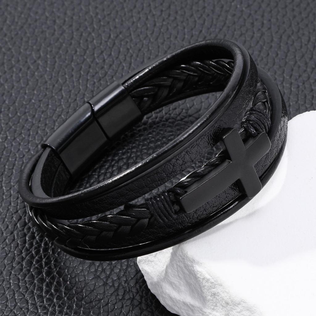 Temu Leather Cross-Style Multi-Layer Woven Bracelet with Alloy Laser Design