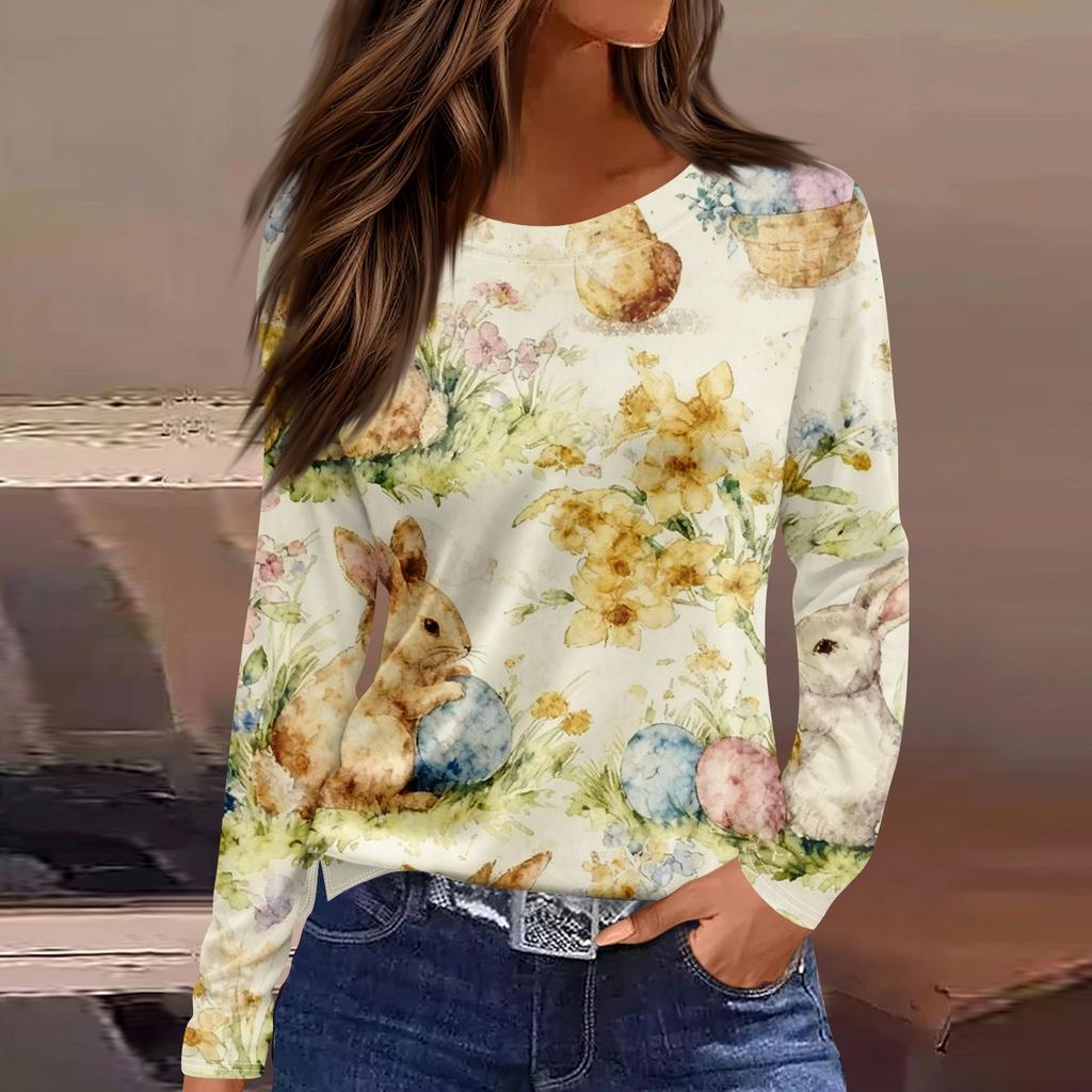 Women's Fashion Casual Slit Hem Round Neck Long Sleeve Loose Printed T-Shirt Ladies Top