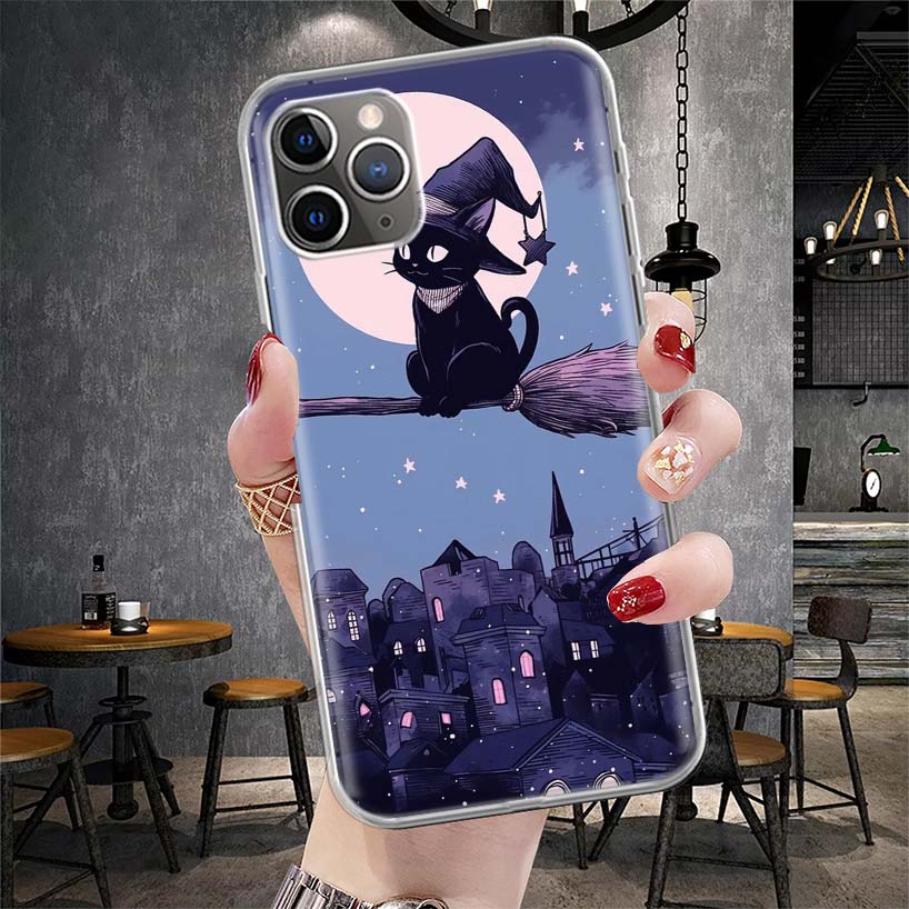 Anime Cute Black Cat Meow Soft Phone Case For IPhone 11 17 Air 16E 16 Pro Max 15 + 14 Plus 13 Mini 12 Apple 7 SE 8 Fundas Coque