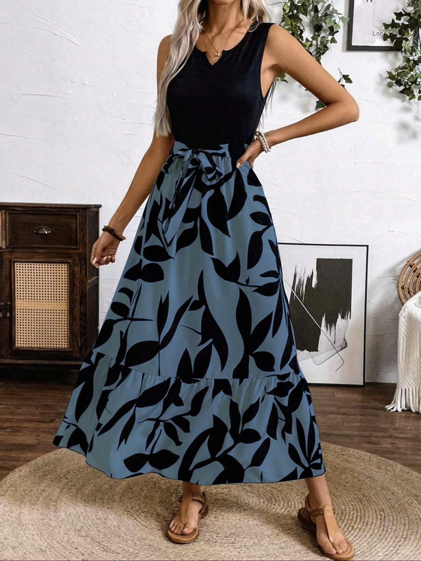 European and American cross-border printed dresses, new Amazon models S чёрный