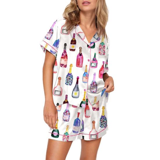 2Pcs/Set Pajamas Set Women Loungewear Sleepwear Button Closure Lapel Short Sleeve Casual Print Pajamas