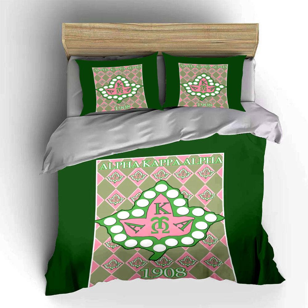 3Pcs AKA Sorority Leaf Diamond Bedding Set Pink Green Greek Fraternity Print Duvet Cover 2 Pillowcases Single Double Gift