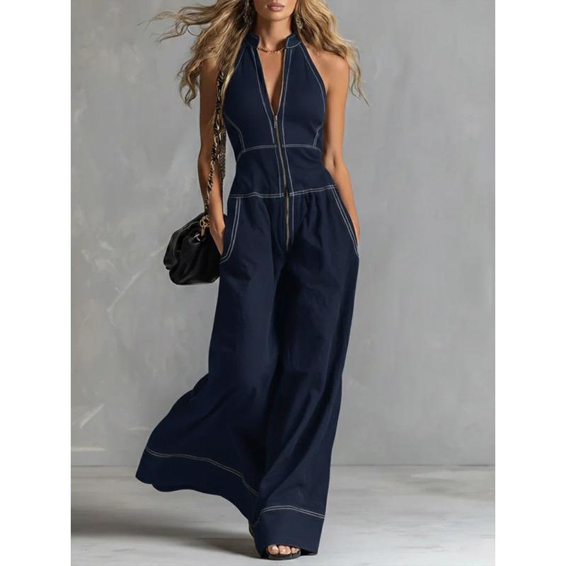 TIFICY Women's Fashion Casual Summer Spring Solid Color Print Sleeveless V-Neck High Waist Trousers Jumpsuits & Rompers