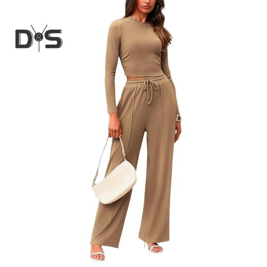 

2 шт./комплект женский топ брюки костюм круглый вырез длинный рукав тонкий топ высокая талия завязывающиеся широкие брюки спортивный костюм повседневная одежда наряд S хаки
