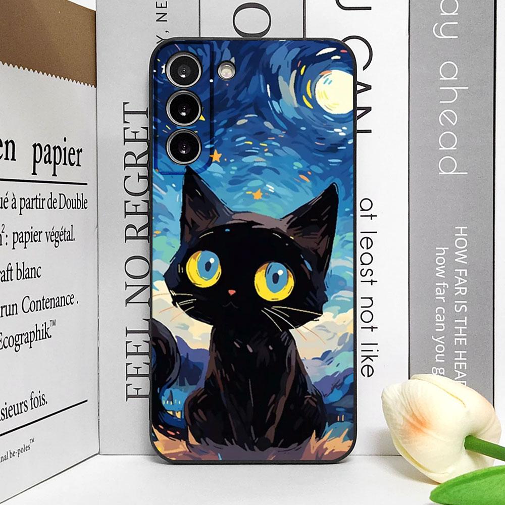 Künstlerische Schwarze Katze Sternennacht Handyhülle für Samsung S24 S23 S22 S21 S20FE Plus Ultra Cover für Samsung Galaxy S25 Edge Fundas