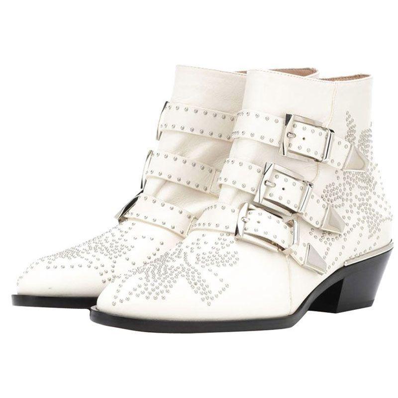 Fashion Brand Catwalk Rivet Cow Leather Short Boots Autumn Winter Retro Large35-45 Ankle Boots4cm Thick Heel Rock Night Club Women Shoes
